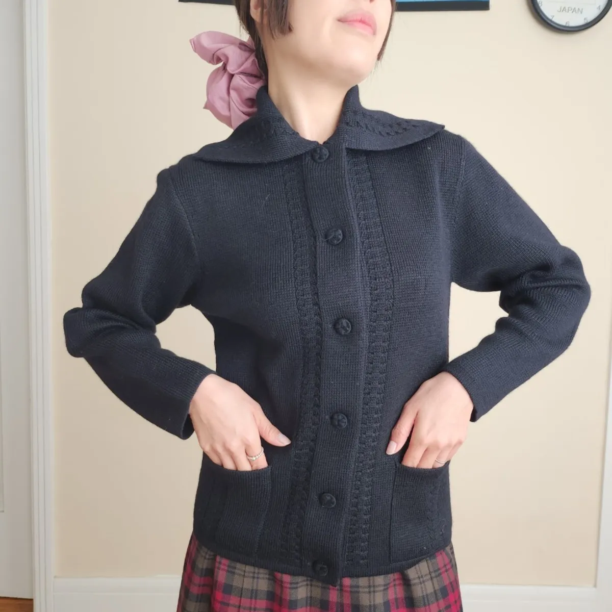 70s Black Knit Collared Folk Cardigan