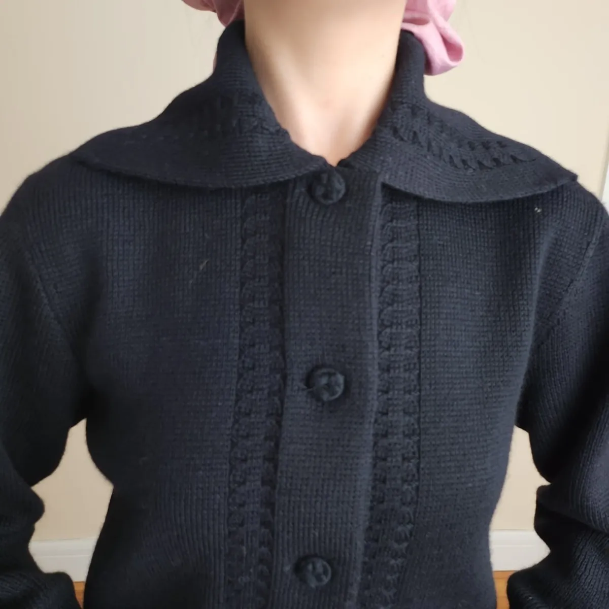 70s Black Knit Collared Folk Cardigan