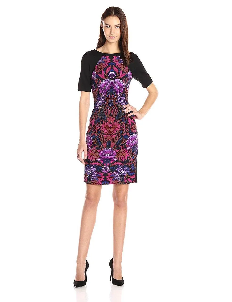 Adrianna Papell - Graphic Floral Color Block Sheath Dress AP1D100057 - 1 pc Pink Multi In Size 6 Available