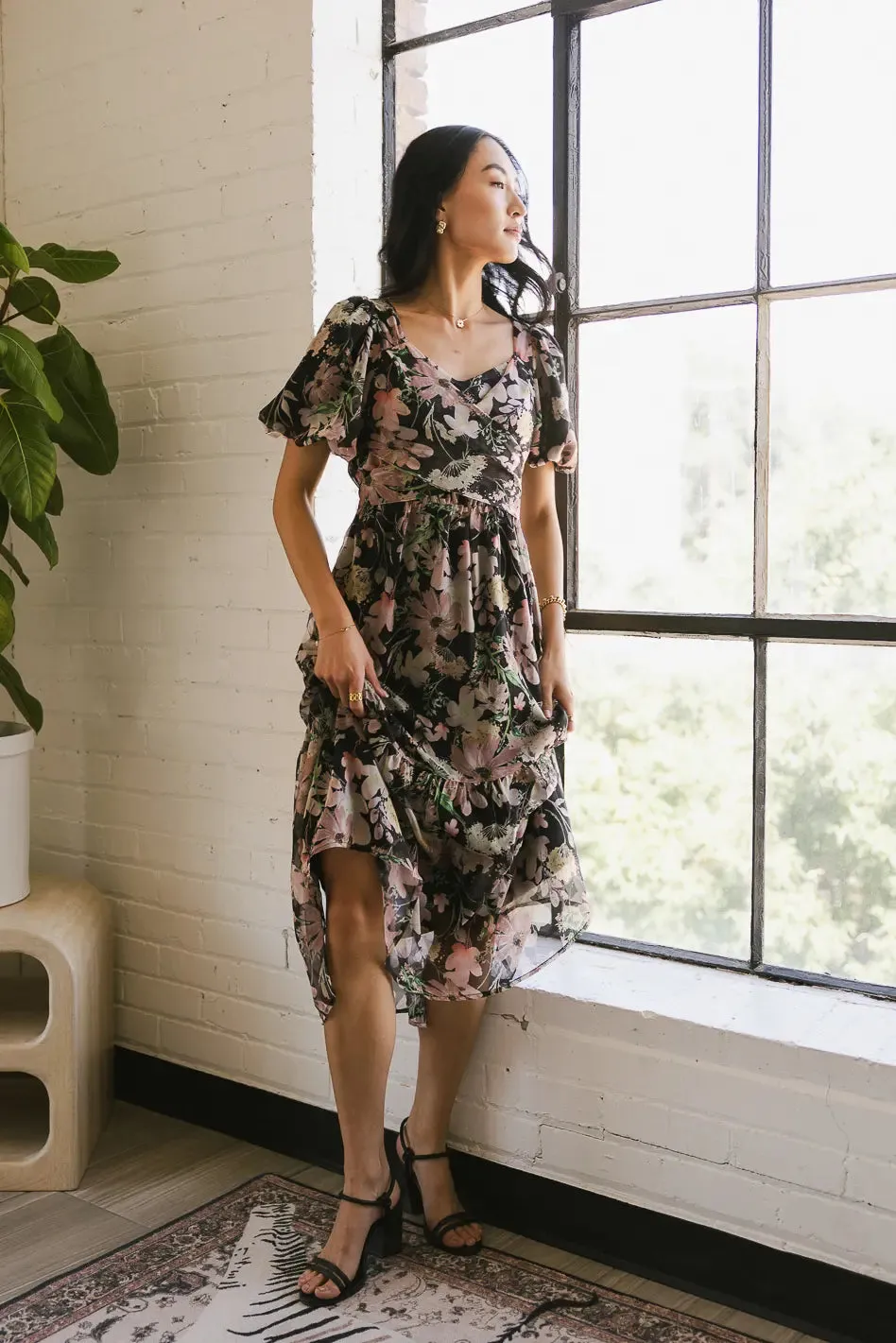 Angelique Floral Tie Dress in Black