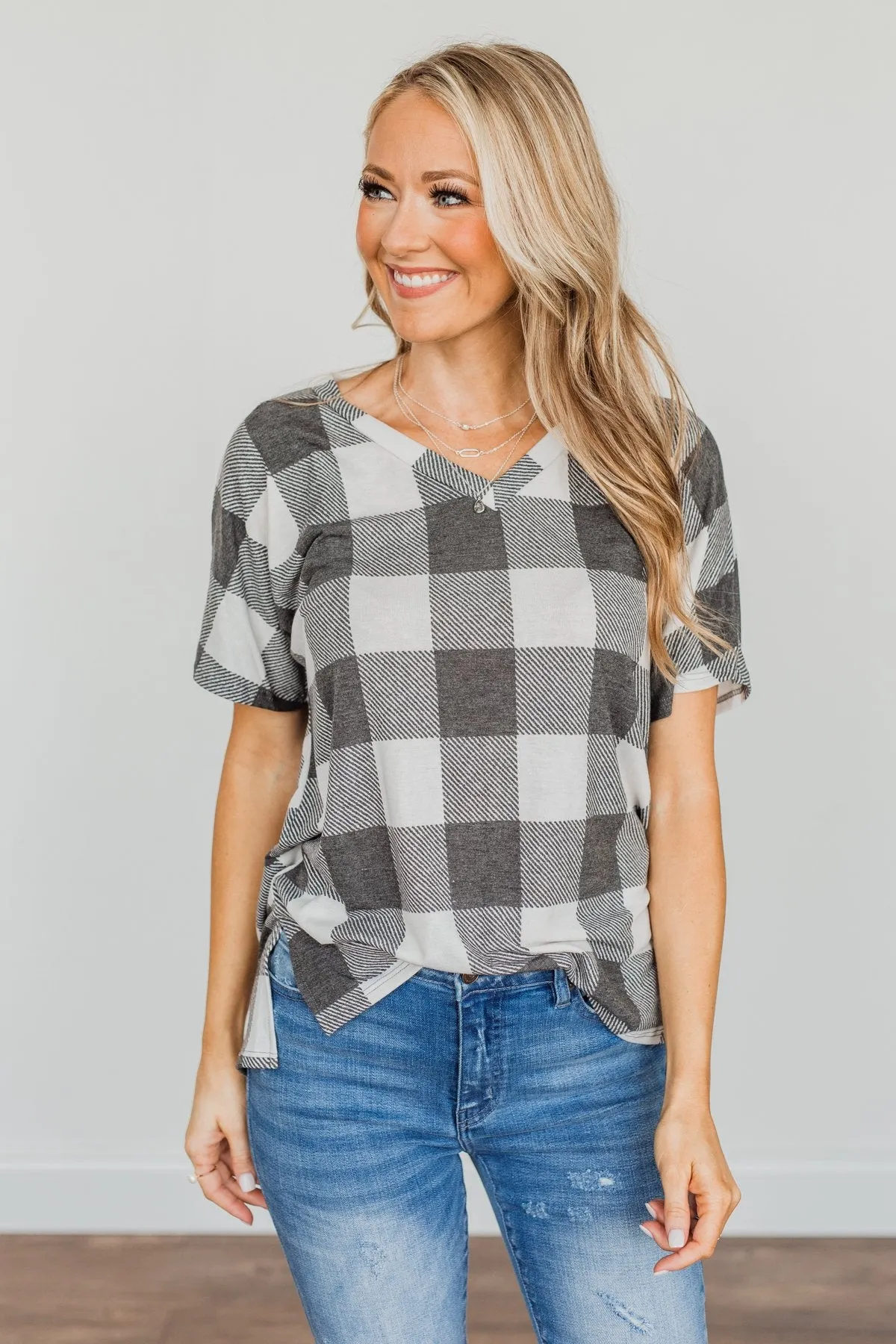 Better Than The Rest Buffalo Plaid Top- Ivory & Charcoal