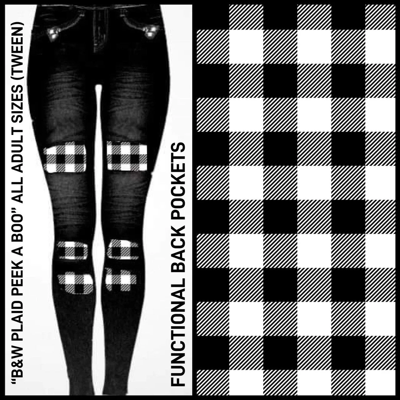 Black & White Plaid Peekaboo Patch Denim-Style Print Leggings with Functional Back Pockets