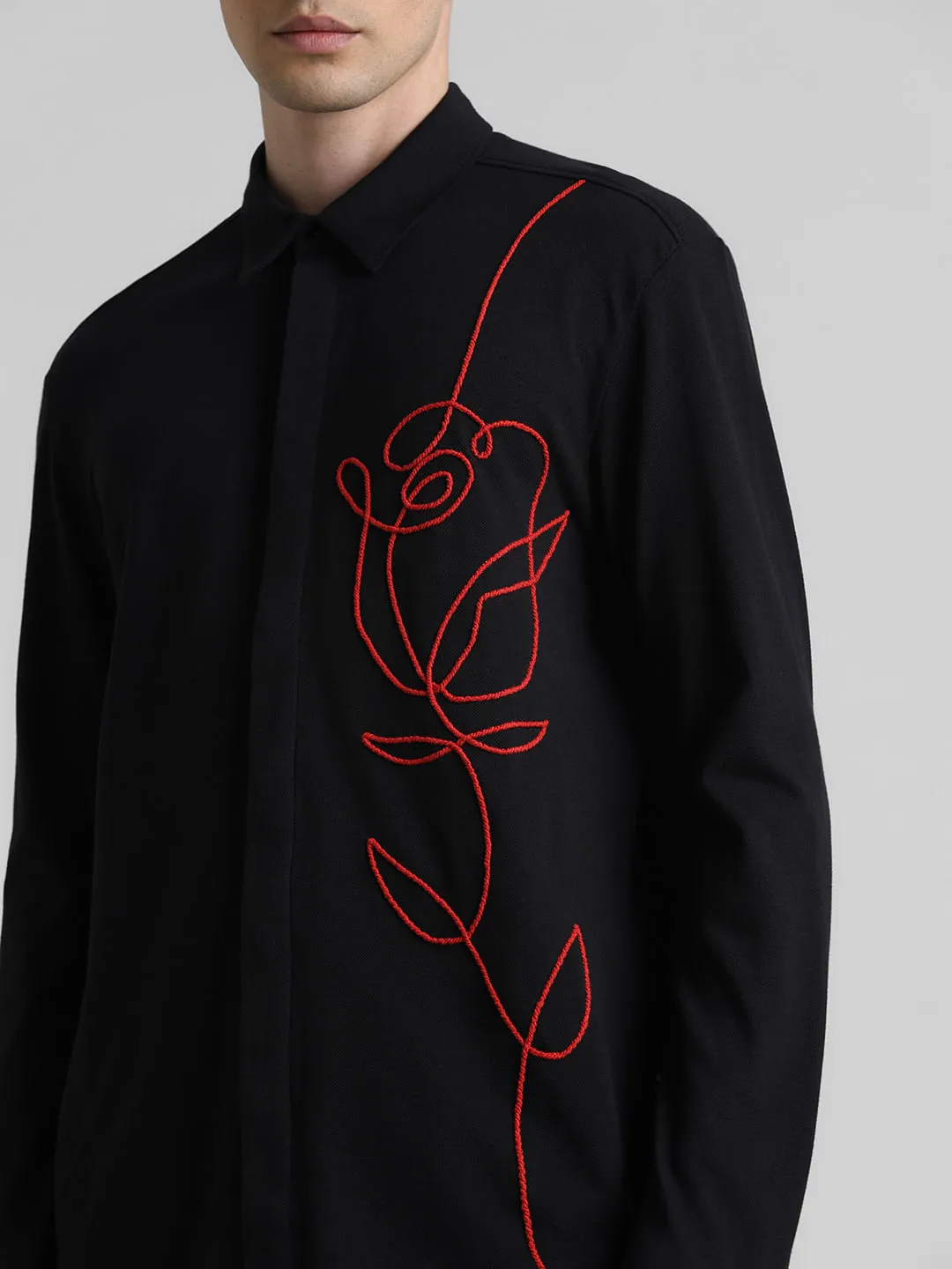 Black Embroidered Floral Shirt