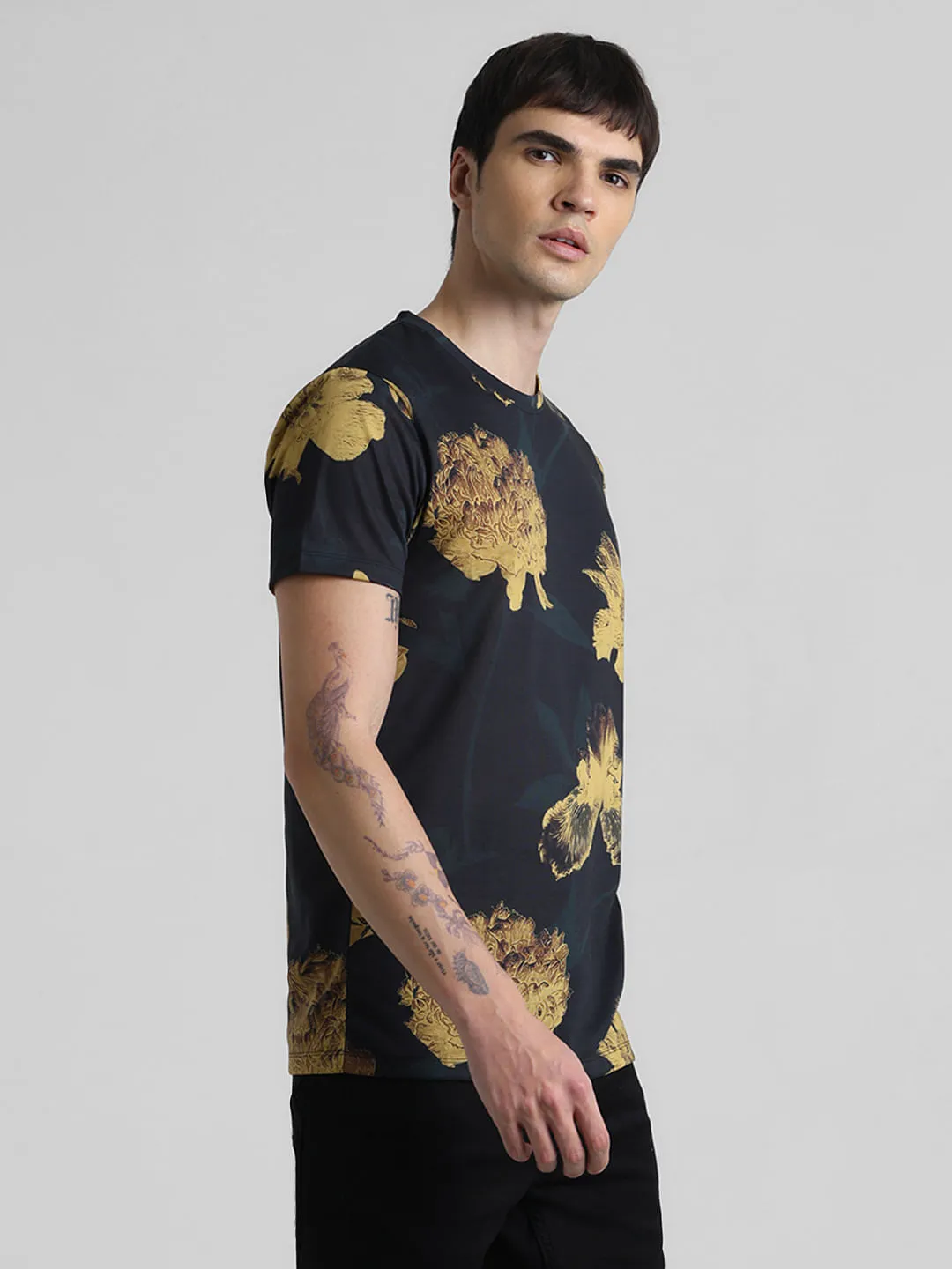 Black Floral Print Crew Neck T-shirt