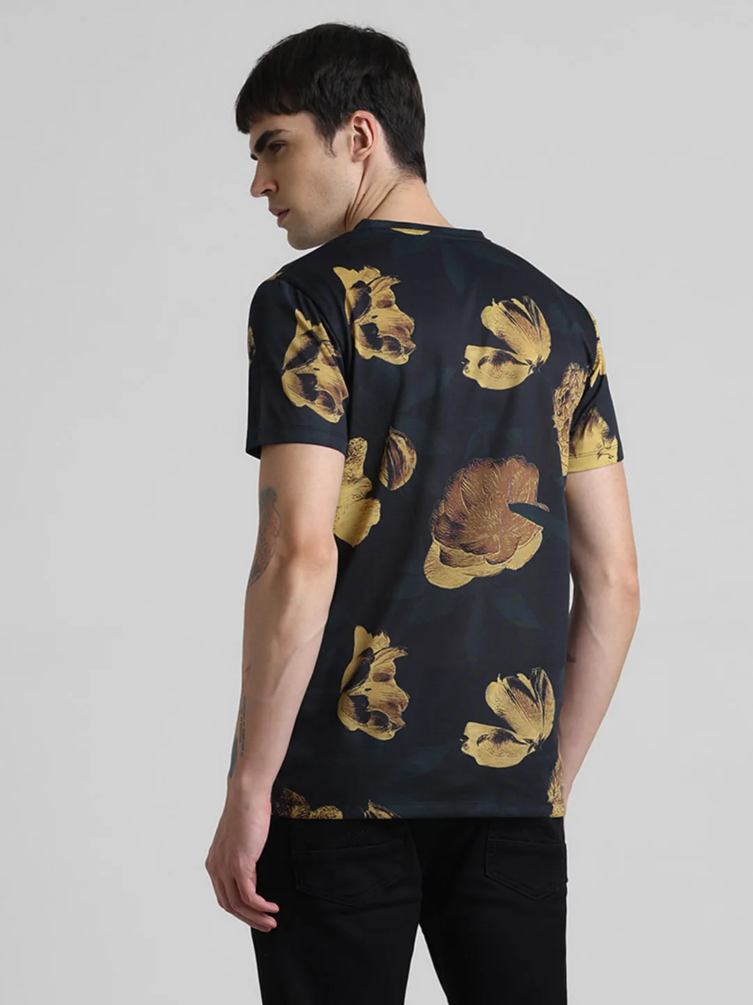 Black Floral Print Crew Neck T-shirt