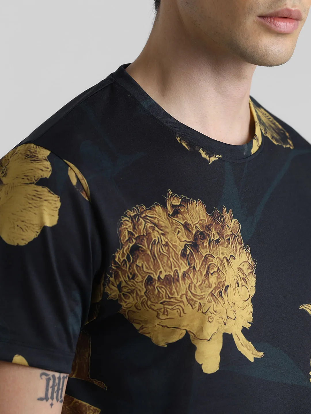 Black Floral Print Crew Neck T-shirt