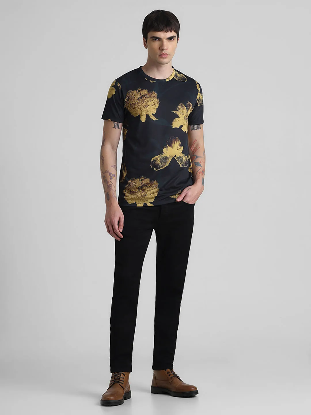 Black Floral Print Crew Neck T-shirt