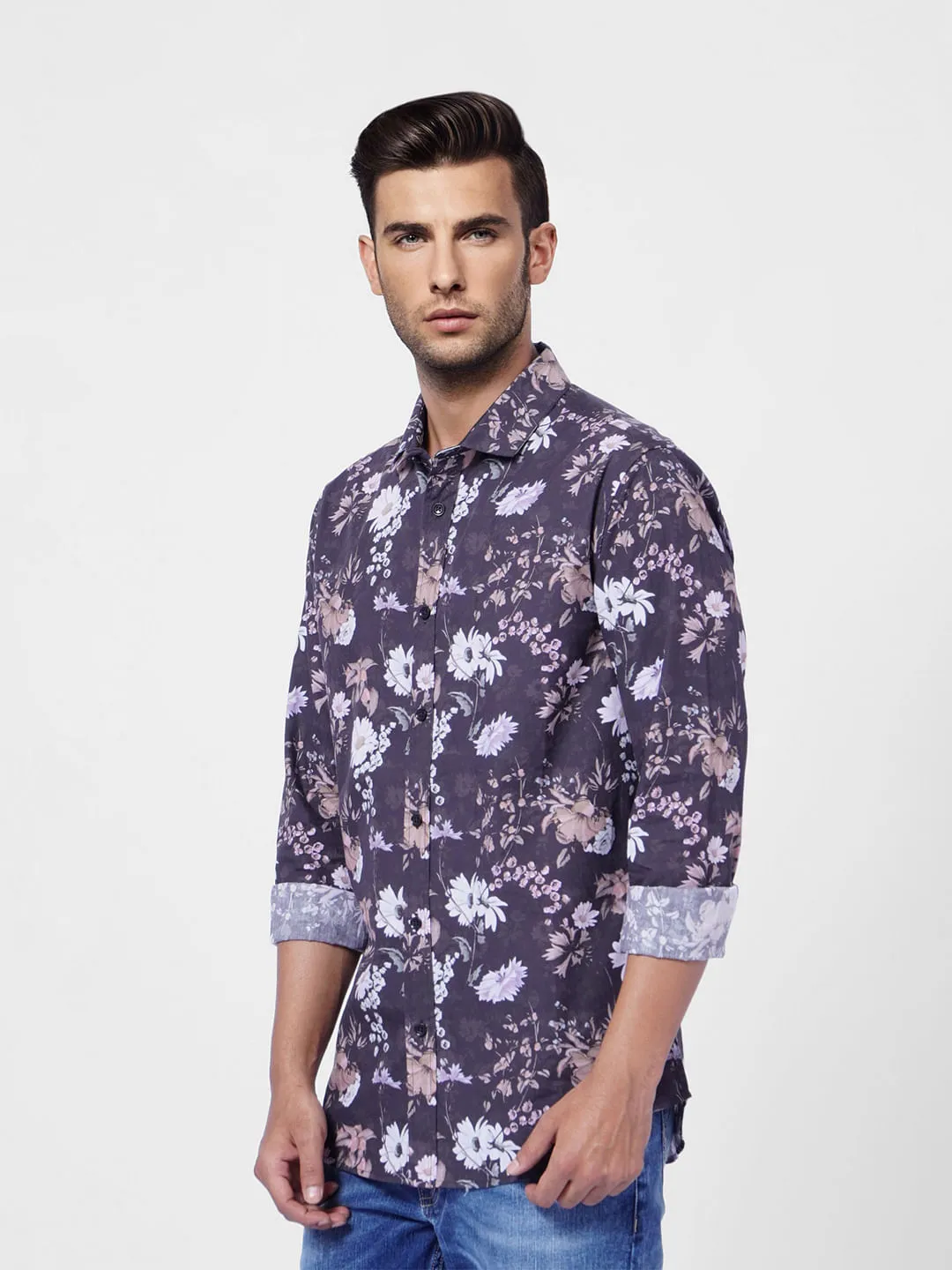 Black Floral Print Full Sleeves Shirt