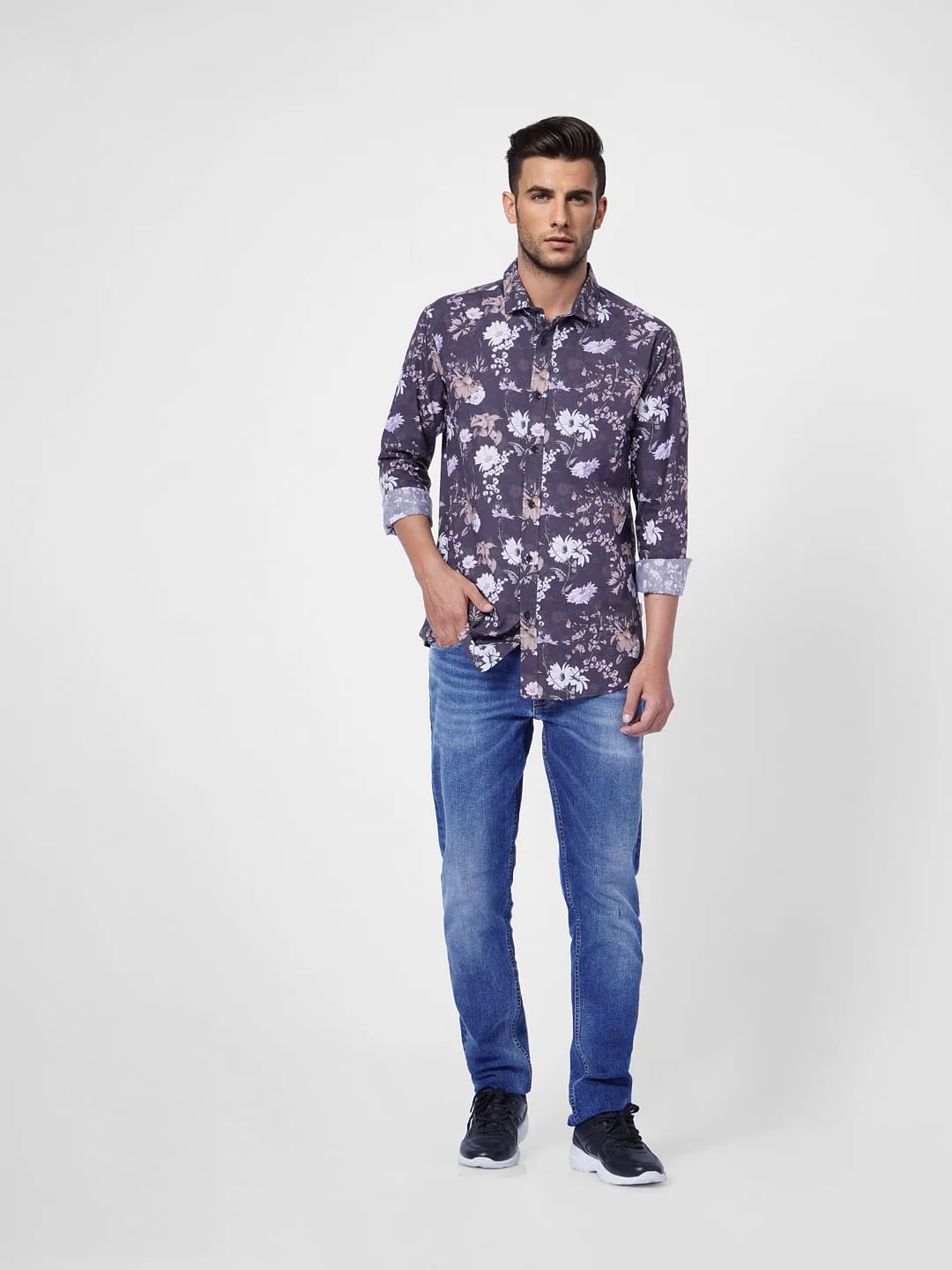 Black Floral Print Full Sleeves Shirt