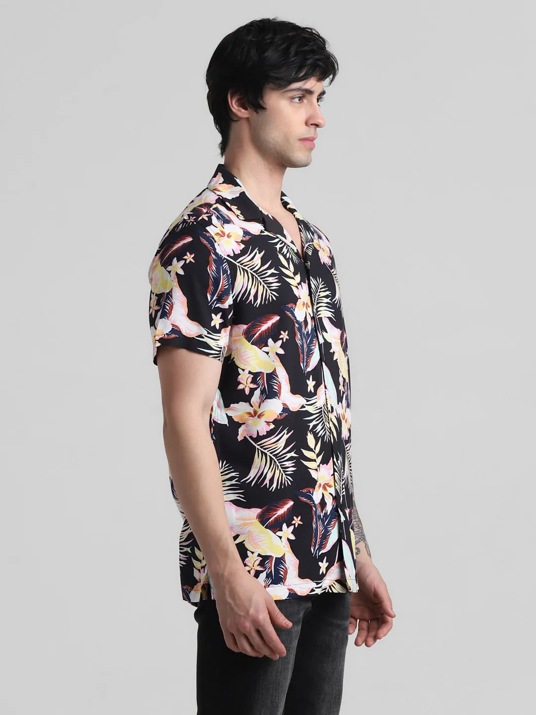 Black Floral Short Sleeves Shirt