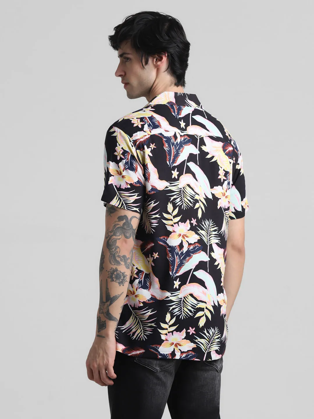 Black Floral Short Sleeves Shirt