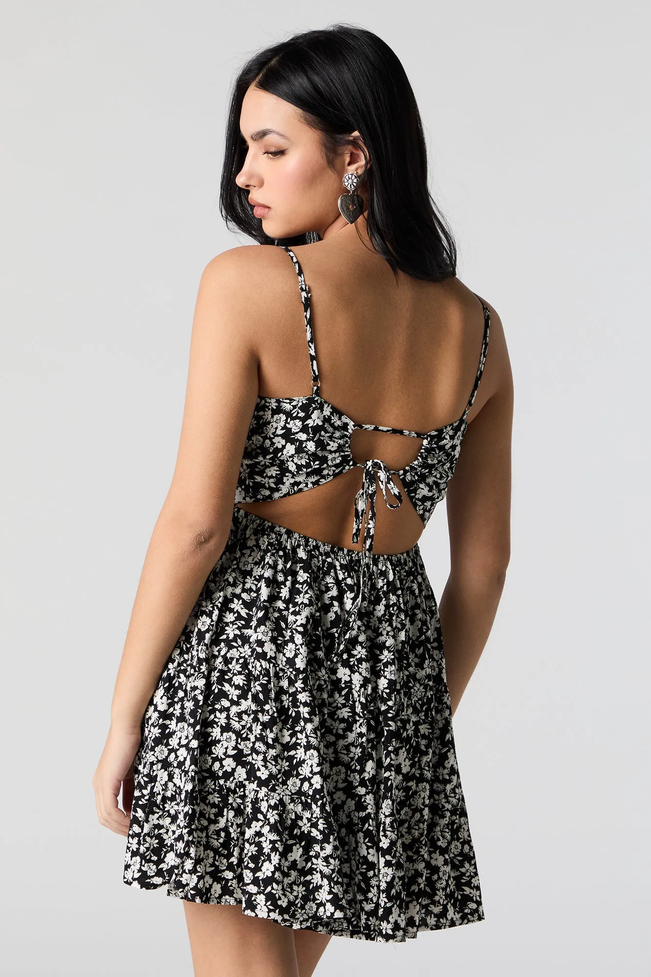 Black Floral Tiered Mini Dress