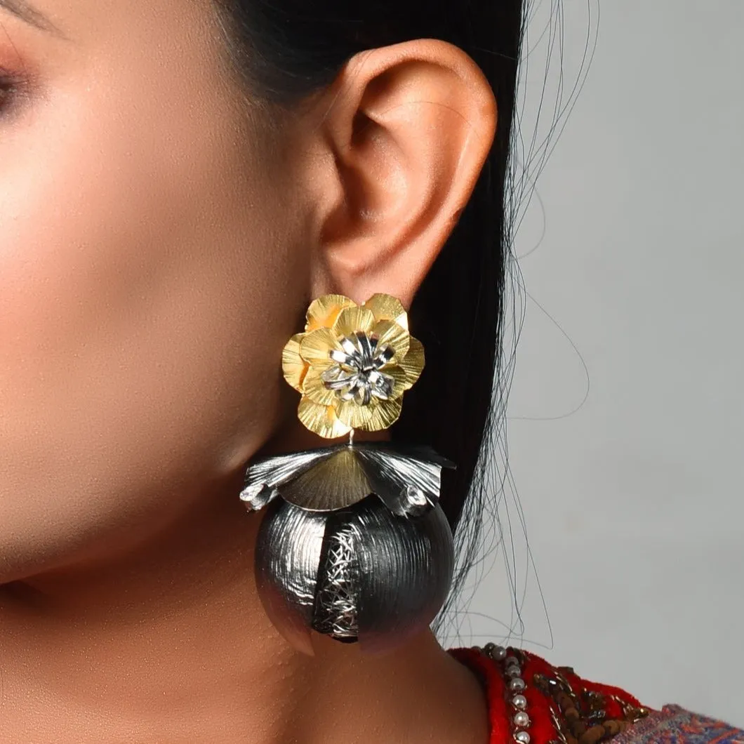 Black Gold Earrings in Floral Design for Western Outfit