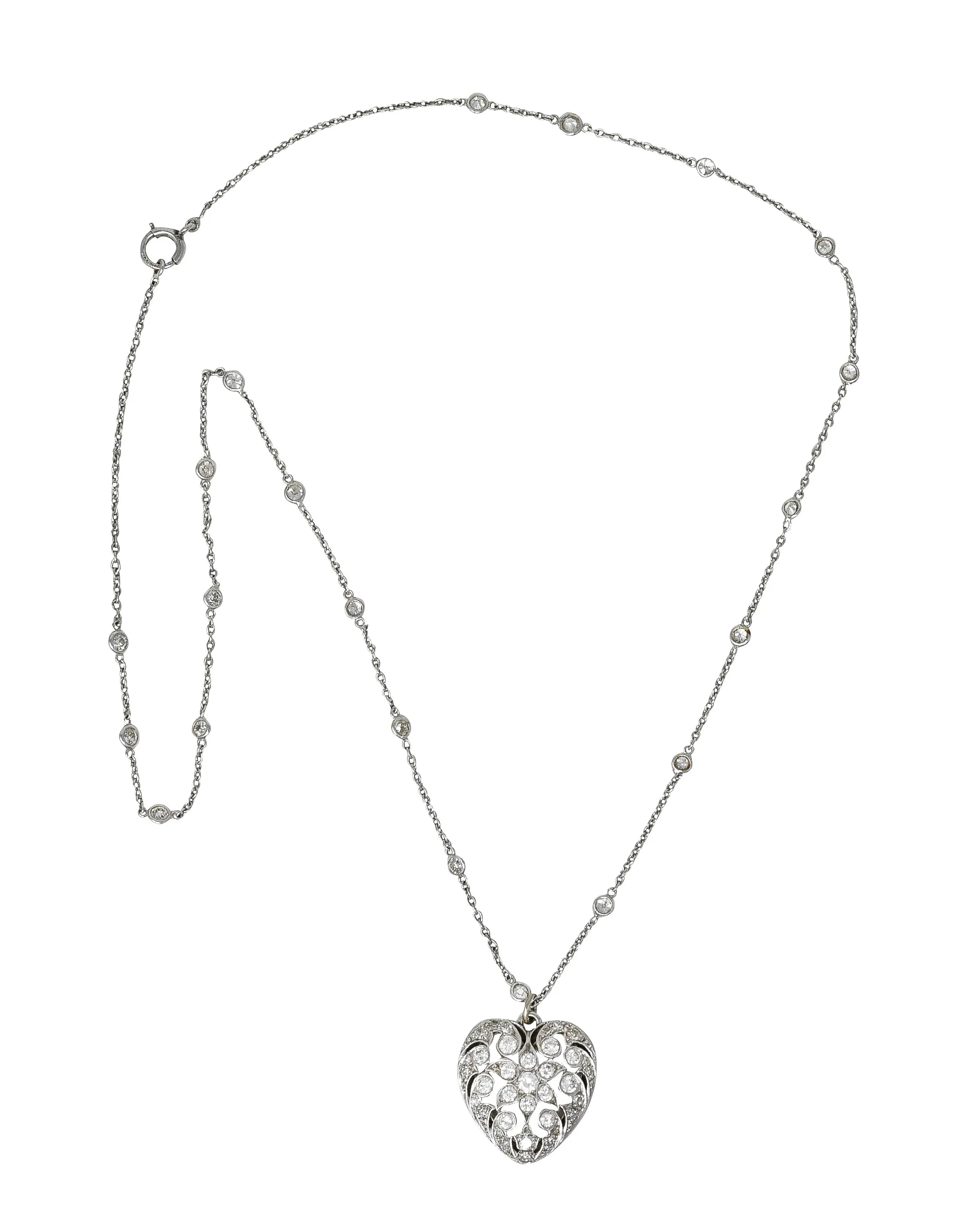 Black Starr & Frost Art Deco 1.60 CTW Diamond Carved Rock Crystal Platinum Floral Heart Antique Pendant Necklace