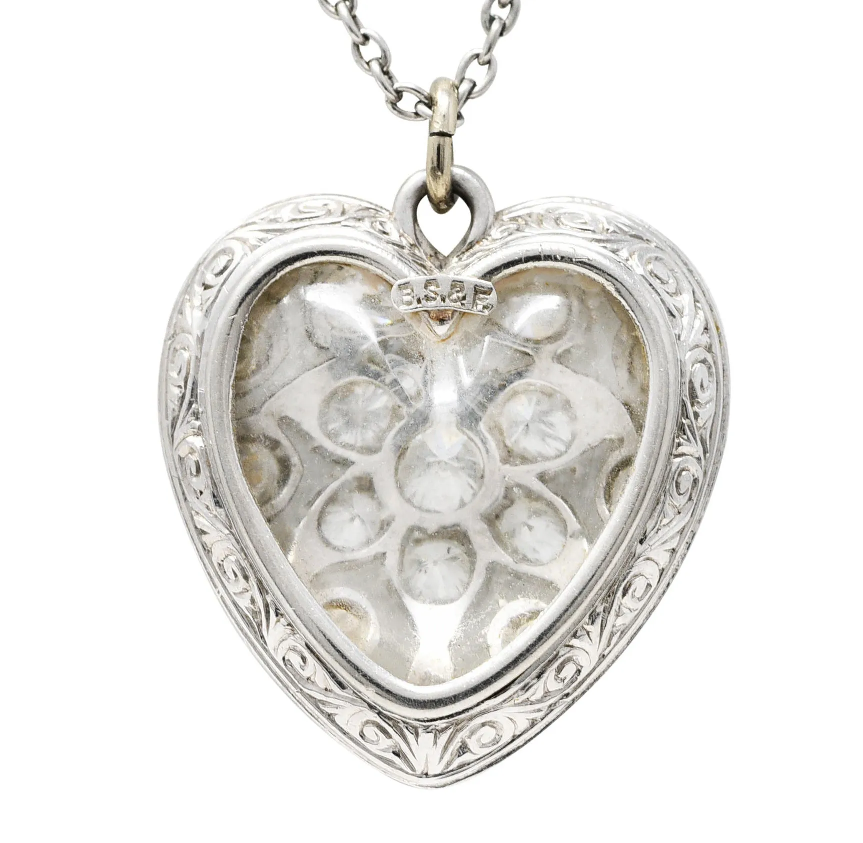 Black Starr & Frost Art Deco 1.60 CTW Diamond Carved Rock Crystal Platinum Floral Heart Antique Pendant Necklace