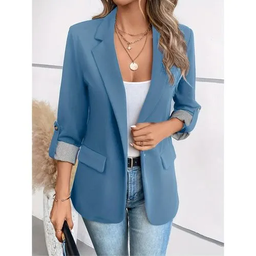 Blazer 3/4 Length Sleeve Blazers Pocket Contrast Collar Elegant Formal Stripe Solid Color