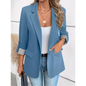 Blazer 3/4 Length Sleeve Blazers Pocket Contrast Collar Elegant Formal Stripe Solid Color