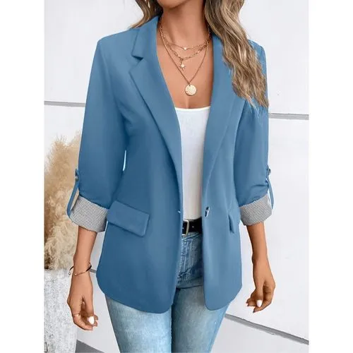 Blazer 3/4 Length Sleeve Blazers Pocket Contrast Collar Elegant Formal Stripe Solid Color