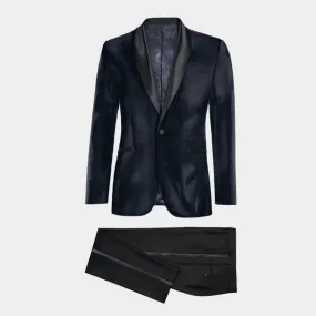  Blazer Esmoquin azul marino de terciopelo con solapa en negro y pantalón negro