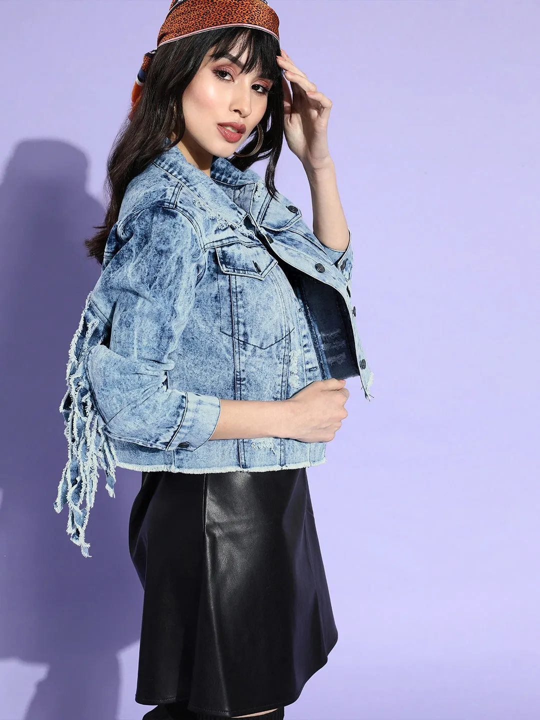 Blue Denim Fringe Distressed Denim Jacket