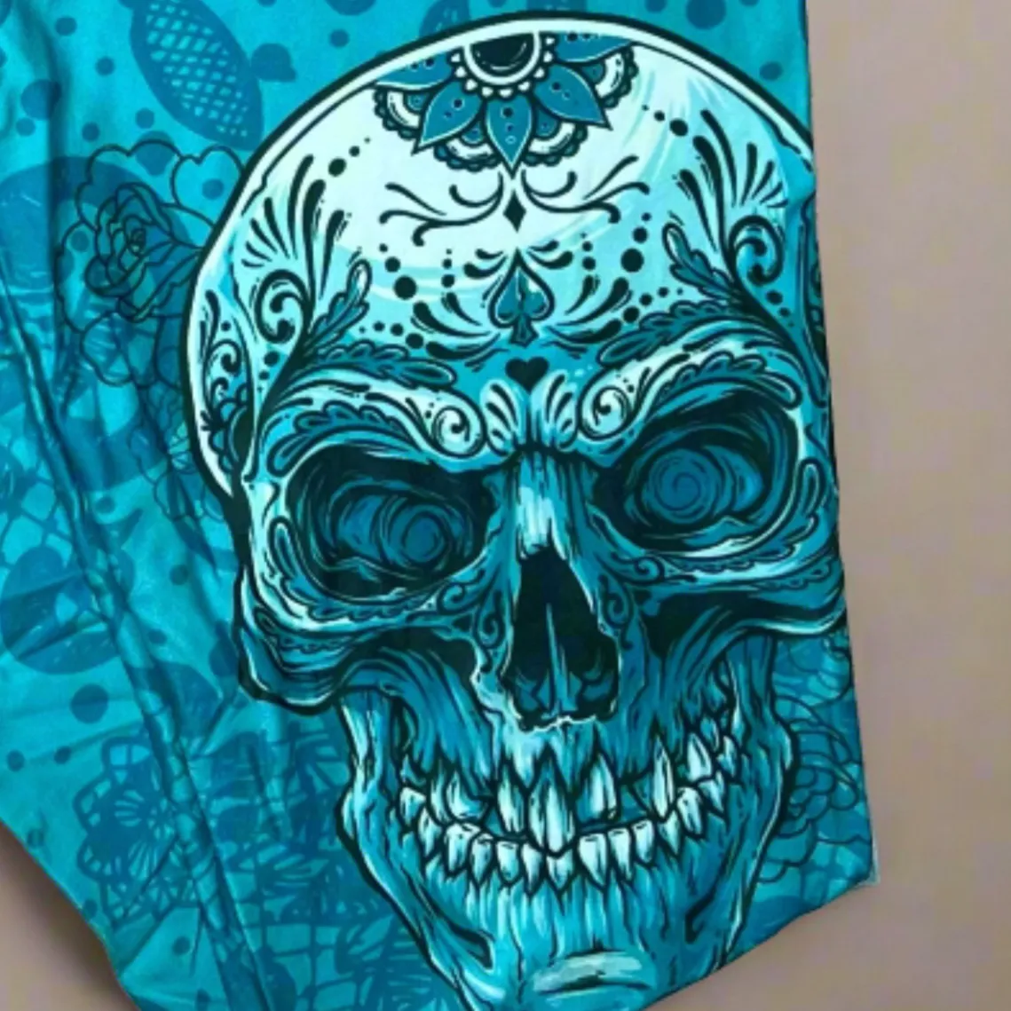 Blue Lace Sugar Skull Asymmetrical Print Teal Leggings