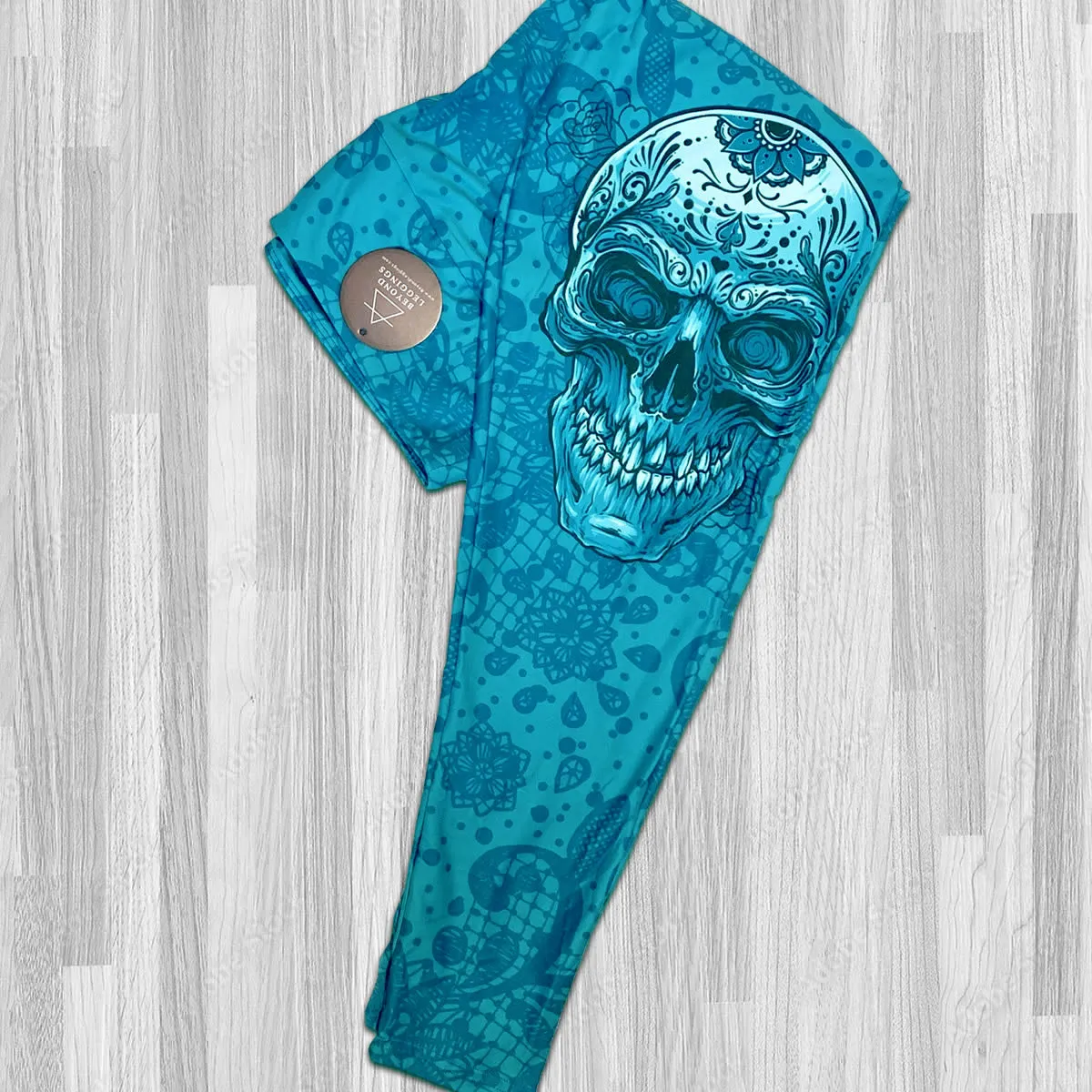 Blue Lace Sugar Skull Asymmetrical Print Teal Leggings