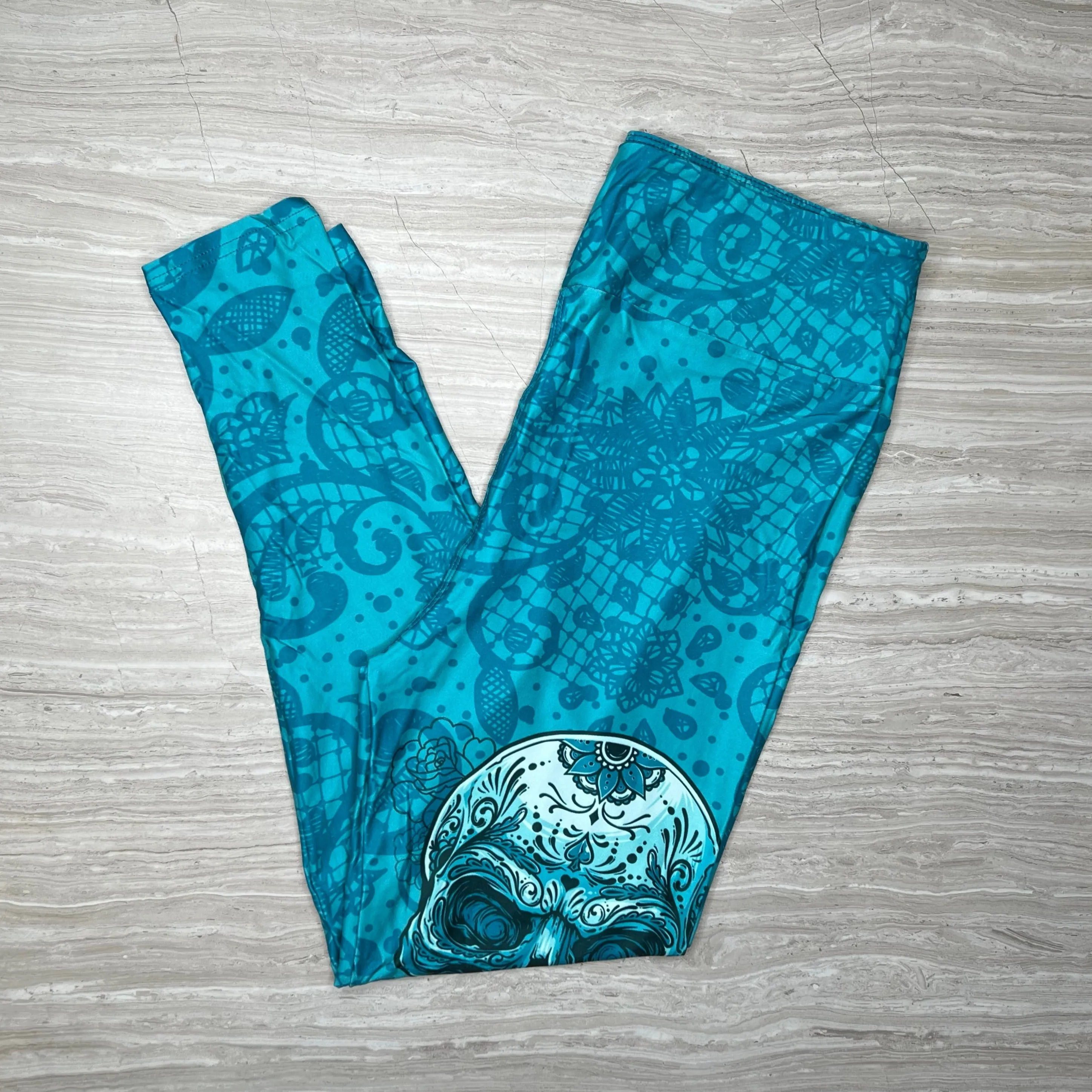 Blue Lace Sugar Skull Asymmetrical Print Teal Leggings