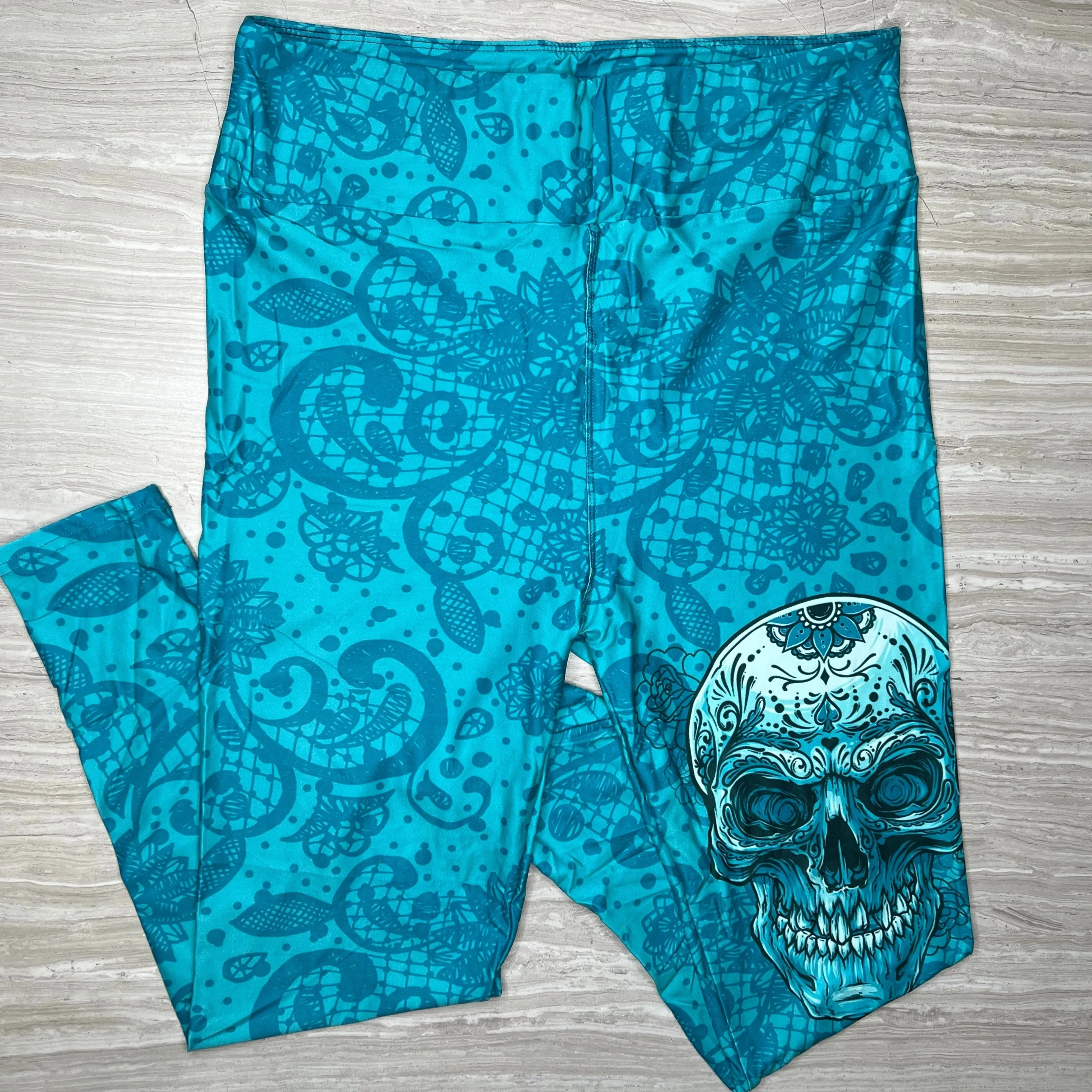 Blue Lace Sugar Skull Asymmetrical Print Teal Leggings