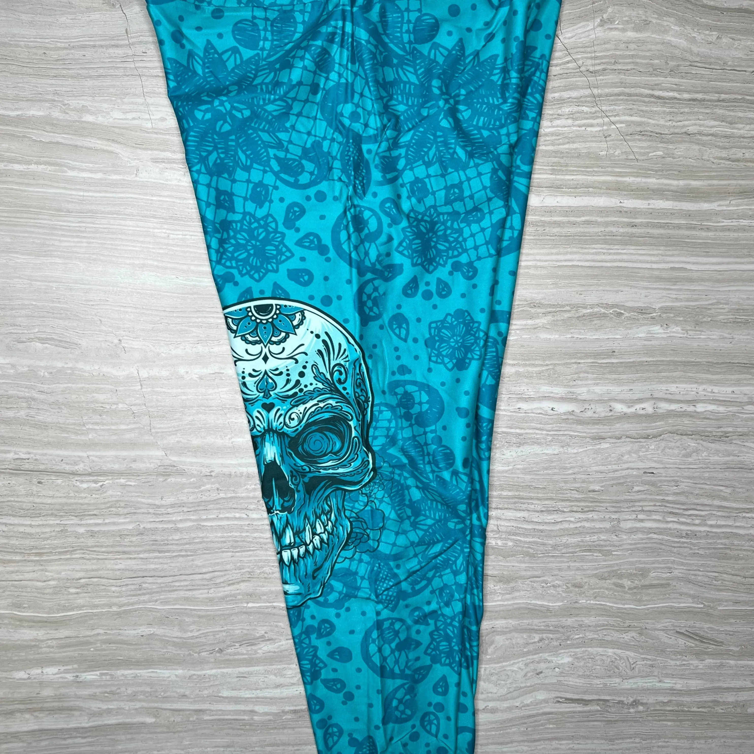 Blue Lace Sugar Skull Asymmetrical Print Teal Leggings