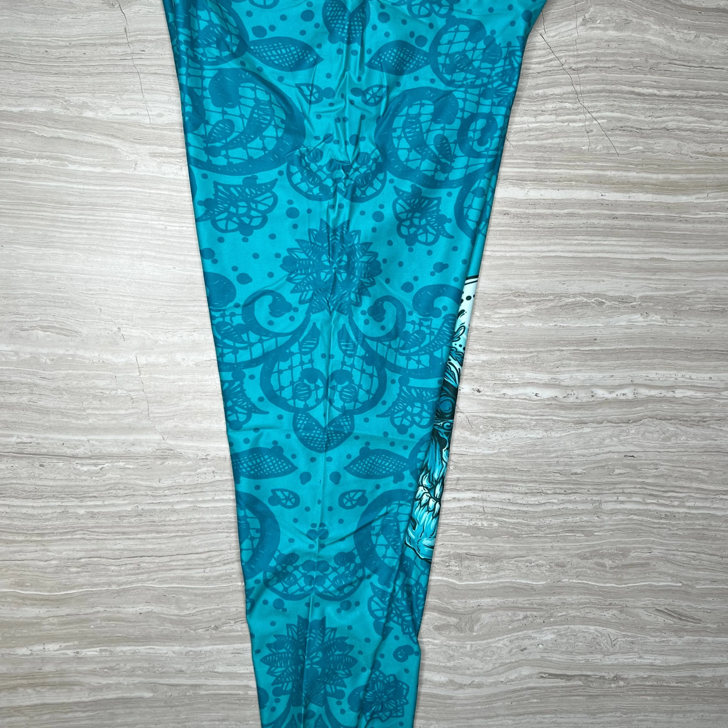 Blue Lace Sugar Skull Asymmetrical Print Teal Leggings