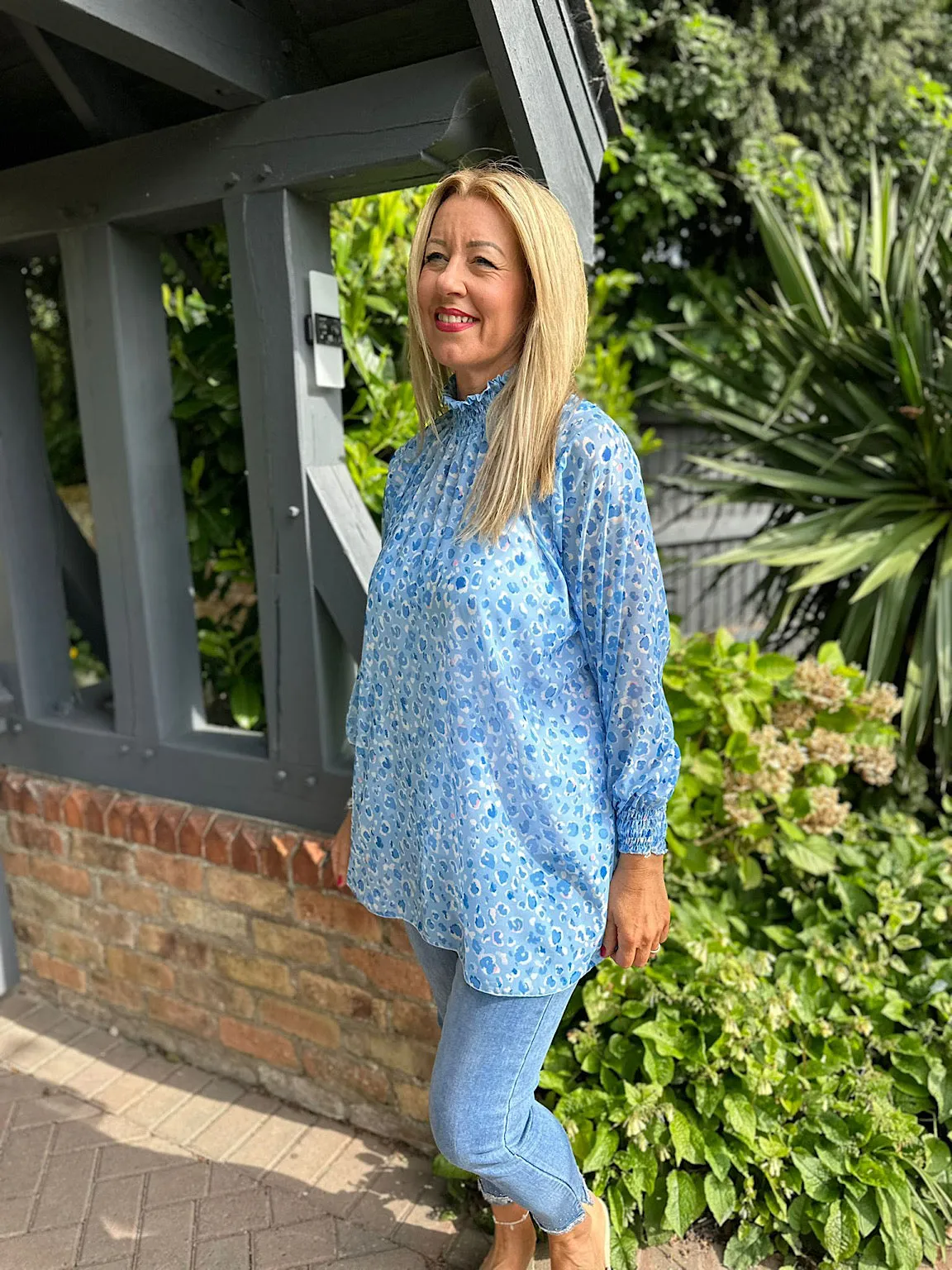 Blue Leopard High Neck Blouse June