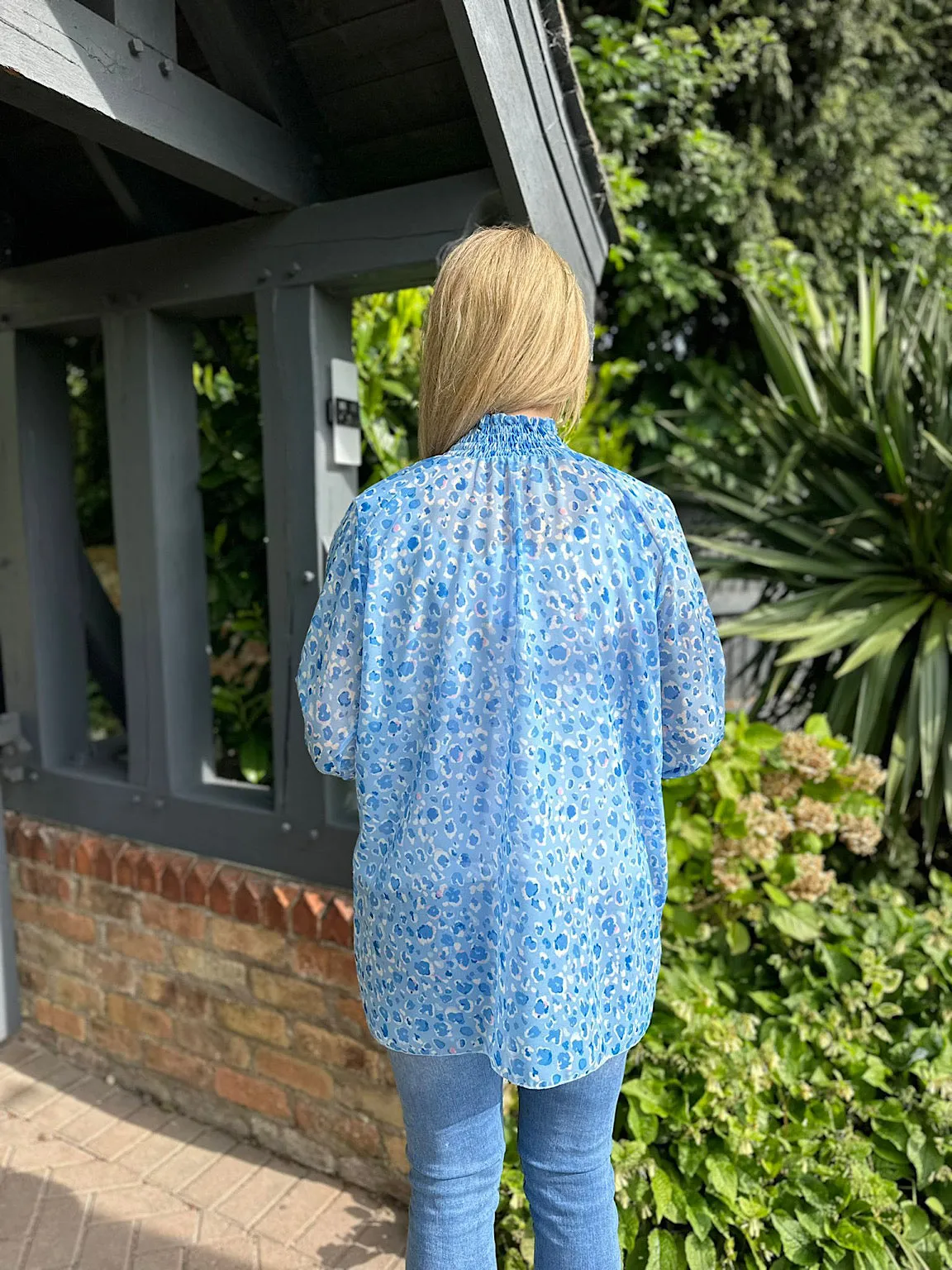 Blue Leopard High Neck Blouse June