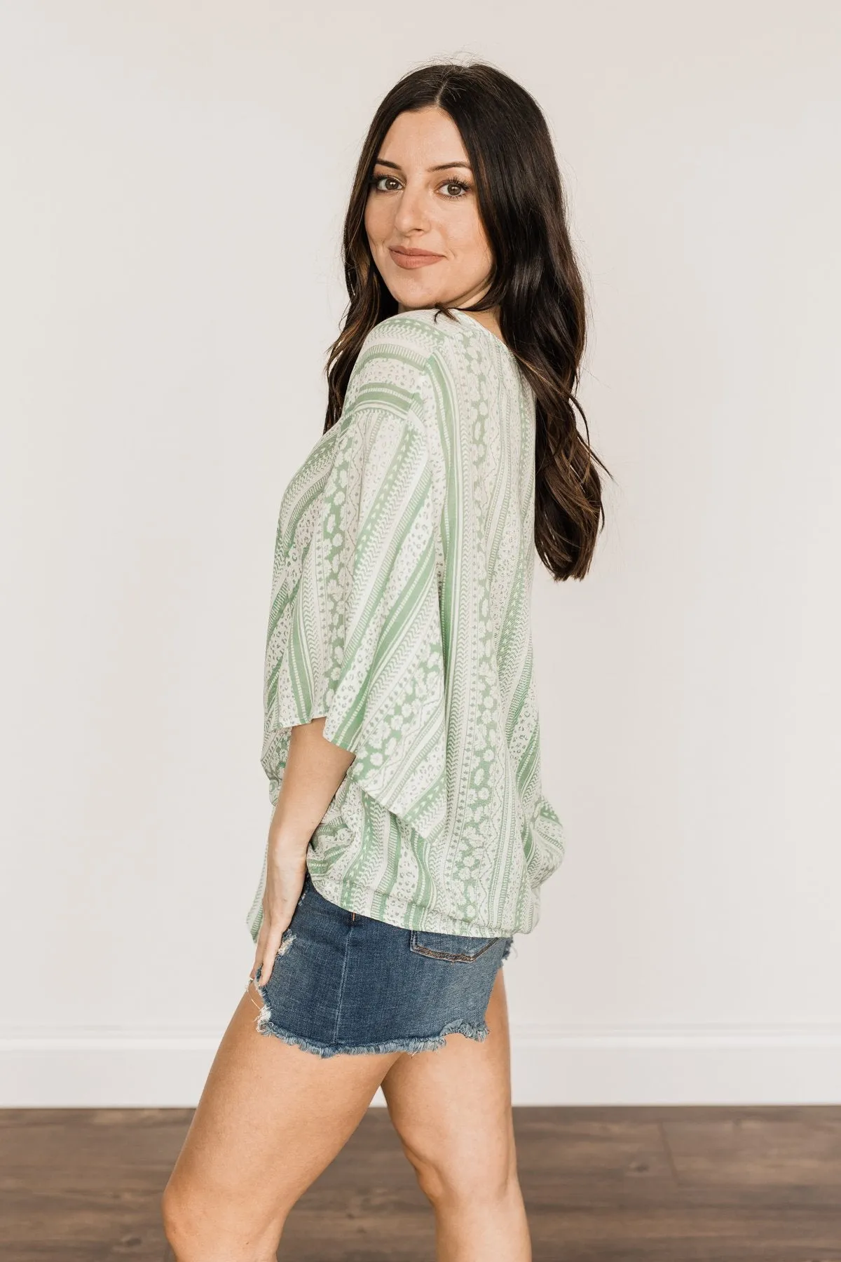 Born To Lead Front Tie Blouse- Sage & Ivory