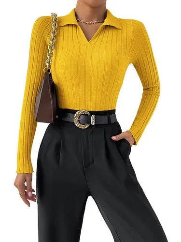 Casual Solid Color Core Yarn Turndown Long Sleeve Regular Sleeve Rib-knit Knitwear