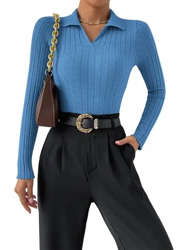 Casual Solid Color Core Yarn Turndown Long Sleeve Regular Sleeve Rib-knit Knitwear