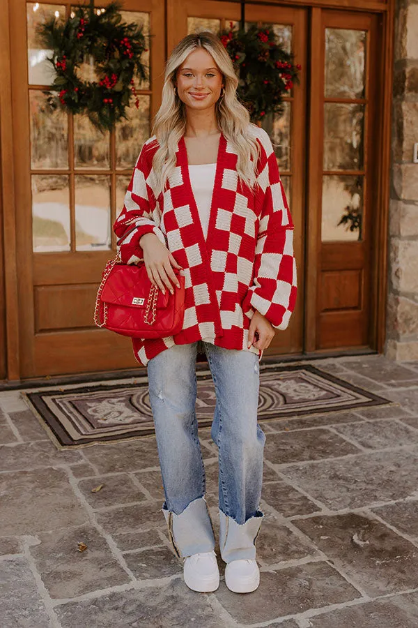 Chic Checkmate Knit Cardigan in Red