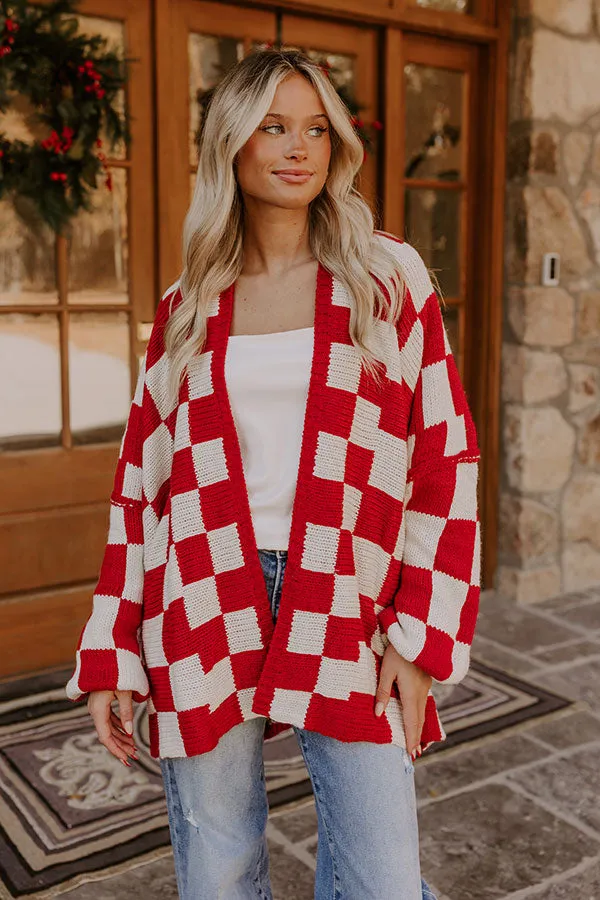 Chic Checkmate Knit Cardigan in Red