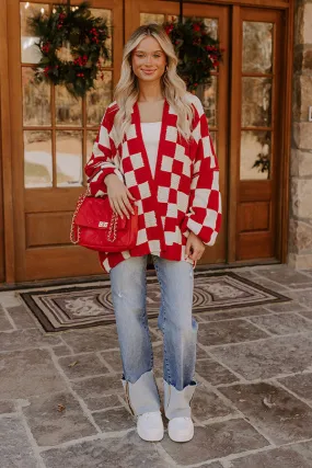 Chic Checkmate Knit Cardigan in Red