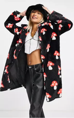 Daisy Street Fur Coat in Mushroom Print