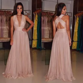 Deep V Neck Dusty Pink Chiffon Sexy Prom Dress