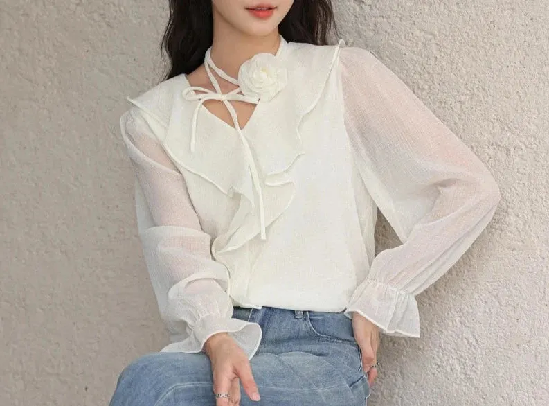 Ethereal Chiffon Blouse with Flower Choker