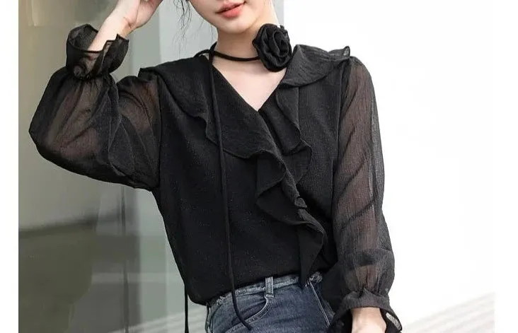 Ethereal Chiffon Blouse with Flower Choker