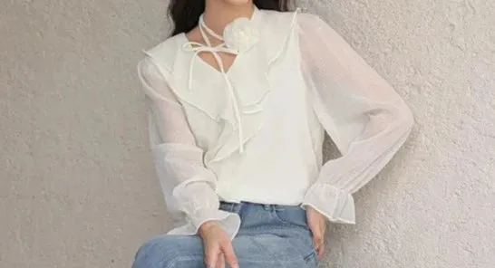 Ethereal Chiffon Blouse with Flower Choker