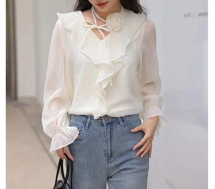 Ethereal Chiffon Blouse with Flower Choker