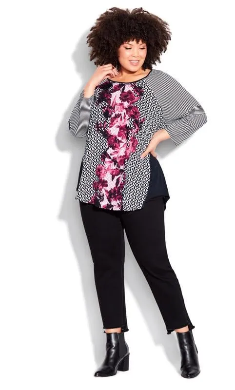 Evans Black & Pink Floral & Mixed Stripe Long Sleeve Top