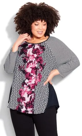 Evans Black & Pink Floral & Mixed Stripe Long Sleeve Top