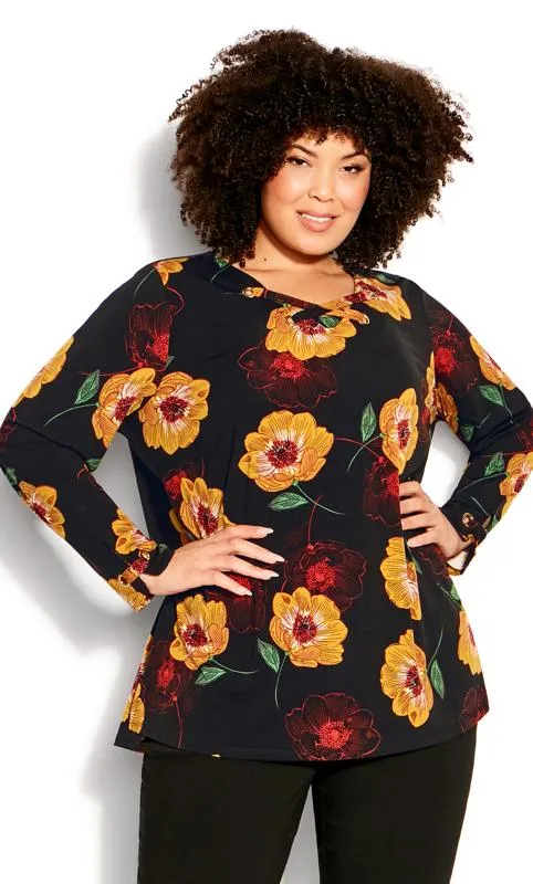 Evans Black & Yellow Floral Long Sleeve Top