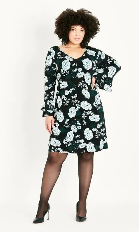 Evans Black Floral Print Bell Sleeve Midi Dress