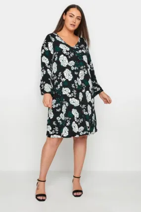 Evans Black Floral Print Bell Sleeve Midi Dress