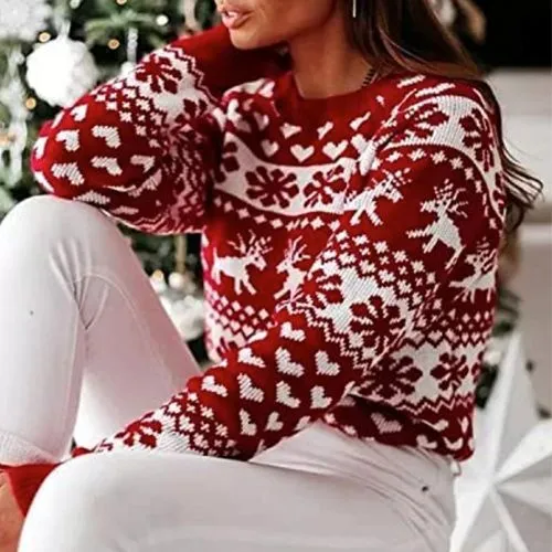 Fashion Snowflake Acrylic Round Neck Long Sleeve Regular Sleeve Patchwork Sweater